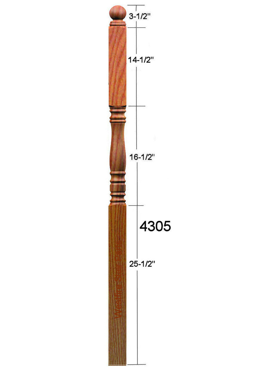 4305 Ball Top Starting Newel Post Dimensional Information