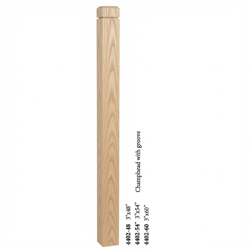 4402 3" S4S Newel Post with Champhered Top and Groove, Ash