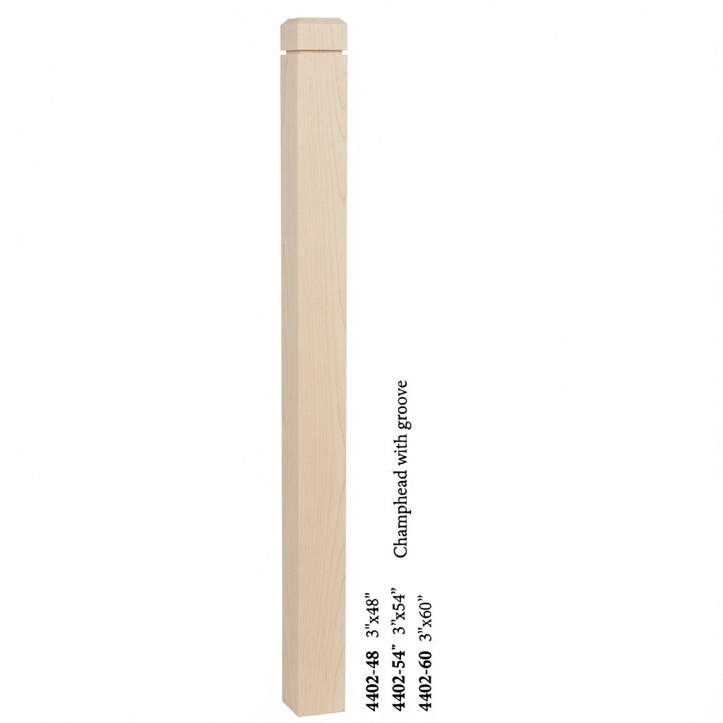 4402 3" S4S Newel Post with Champhered Top and Groove, Soft Maple