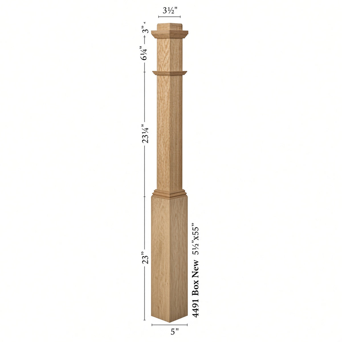 4491 3-1/2" Box Newel Post with attached pedistal, Dimensional Information