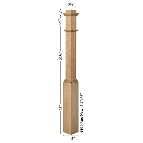 4491 3-1/2" Box Newel Post with attached pedistal, Dimensional Information