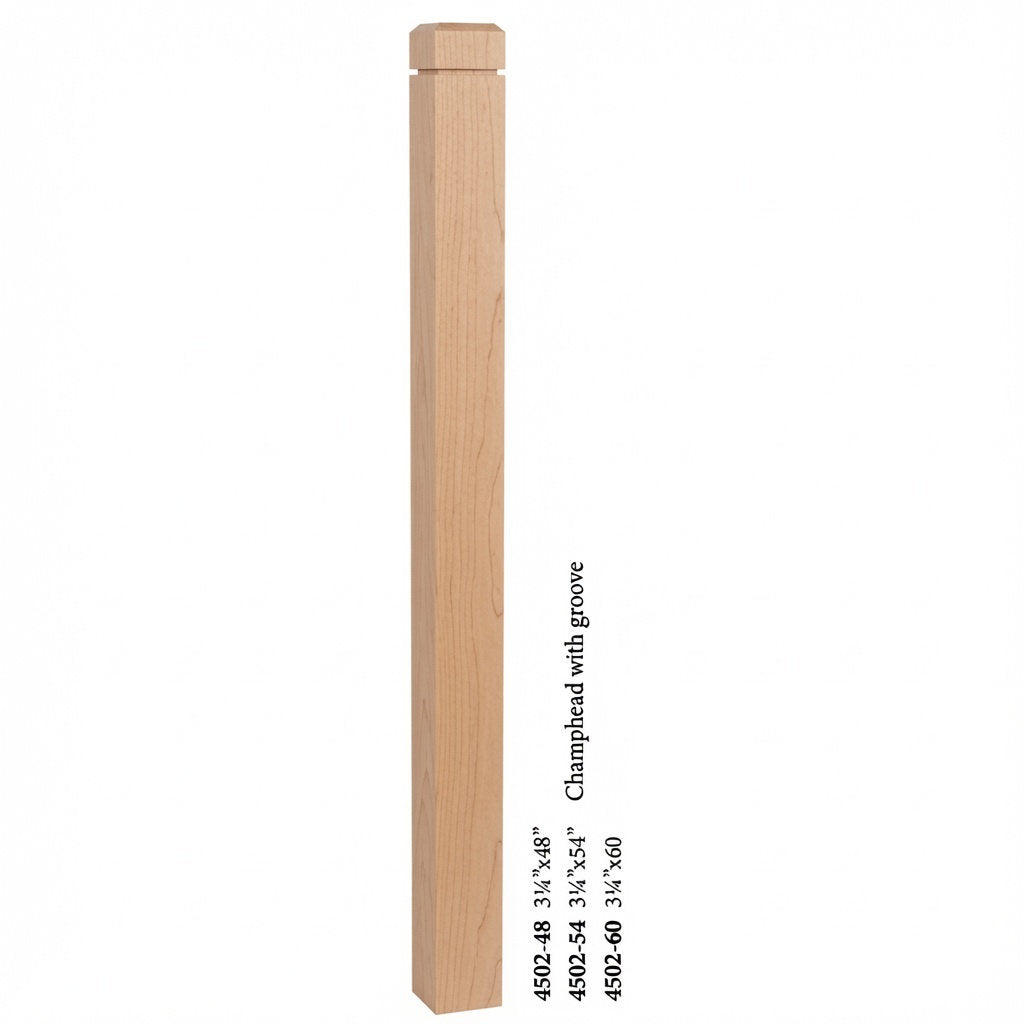 4502 3-1/2" S4S Newel Post with Champhered Top and Grooves, Alder