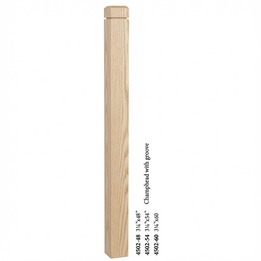4502 3-1/2" S4S Newel Post with Champhered Top and Grooves, Ash