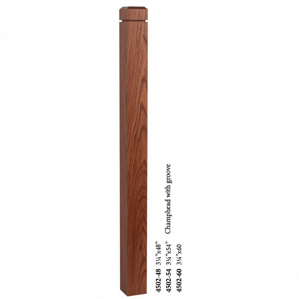 4502 3-1/2" S4S Newel Post with Champhered Top and Grooves, Brazilian Cherry