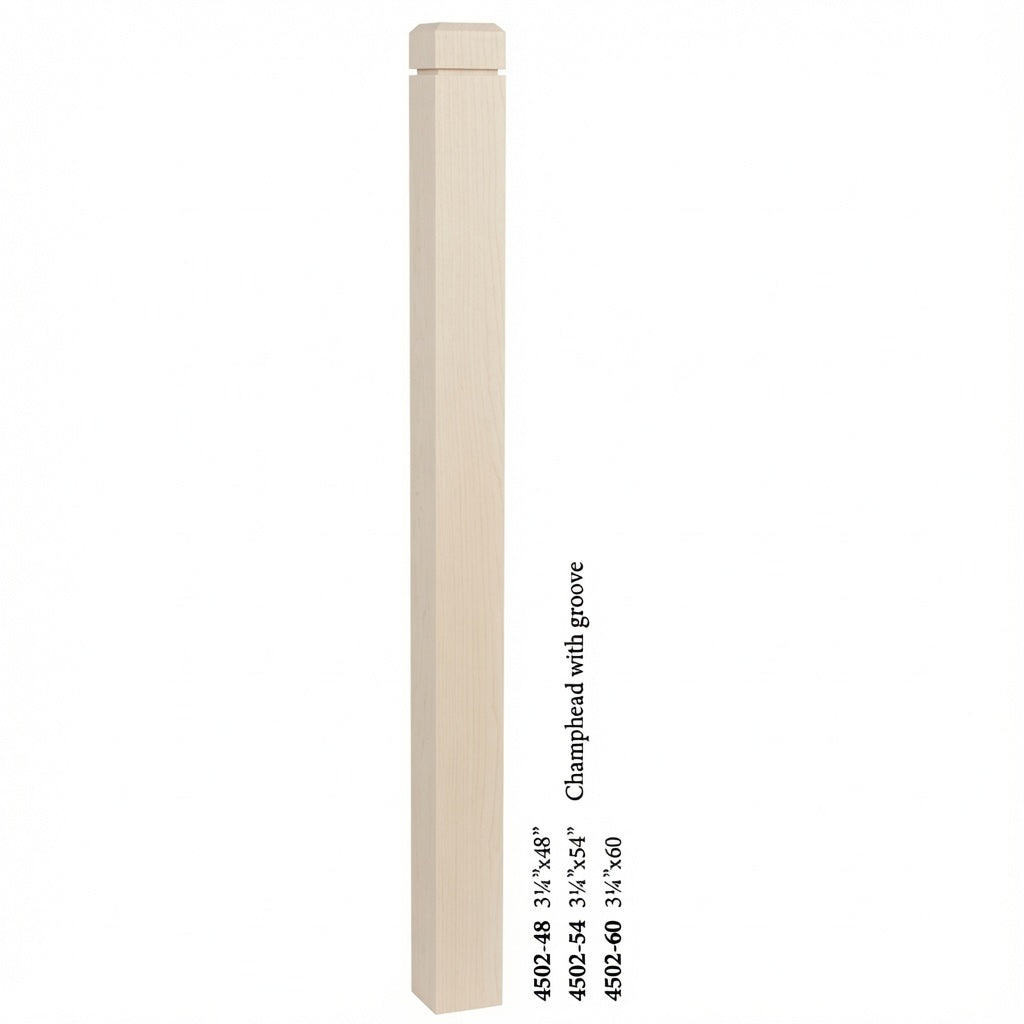 4502 3-1/2" S4S Newel Post with Champhered Top and Grooves, Hard Maple
