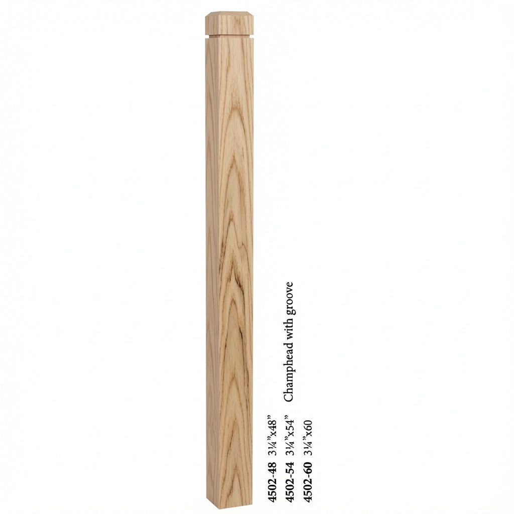 4502 3-1/2" S4S Newel Post with Champhered Top and Grooves, Hickory