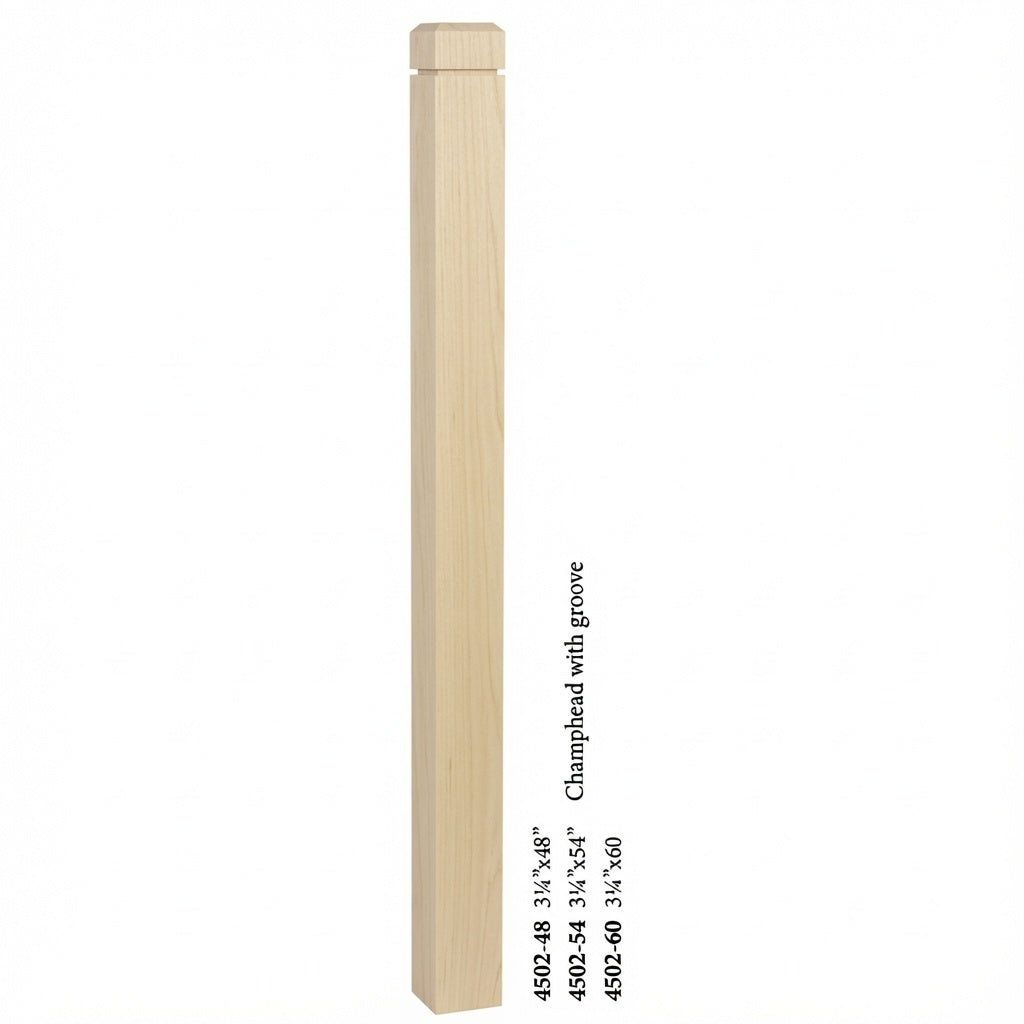 4502 3-1/2" S4S Newel Post with Champhered Top and Grooves, Poplar