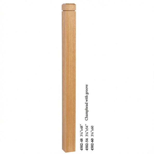 4502 3-1/2" S4S Newel Post with Champhered Top and Grooves, Red Oak