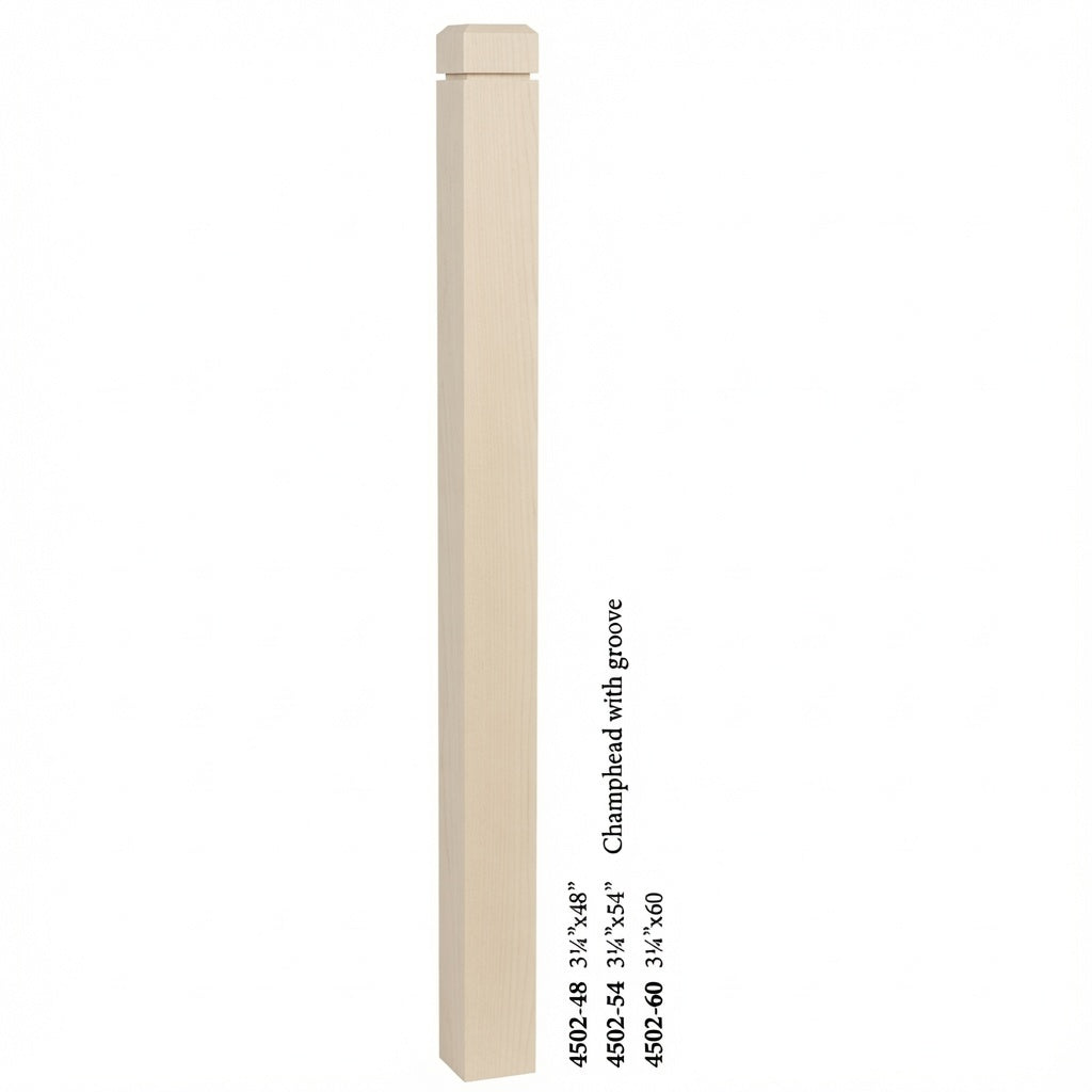 4502 3-1/2" S4S Newel Post with Champhered Top and Grooves, Soft Maple