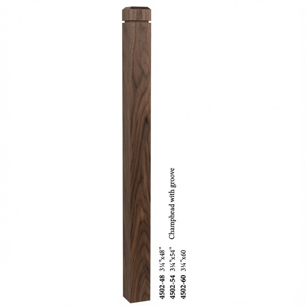4502 3-1/2" S4S Newel Post with Champhered Top and Grooves, Walnut