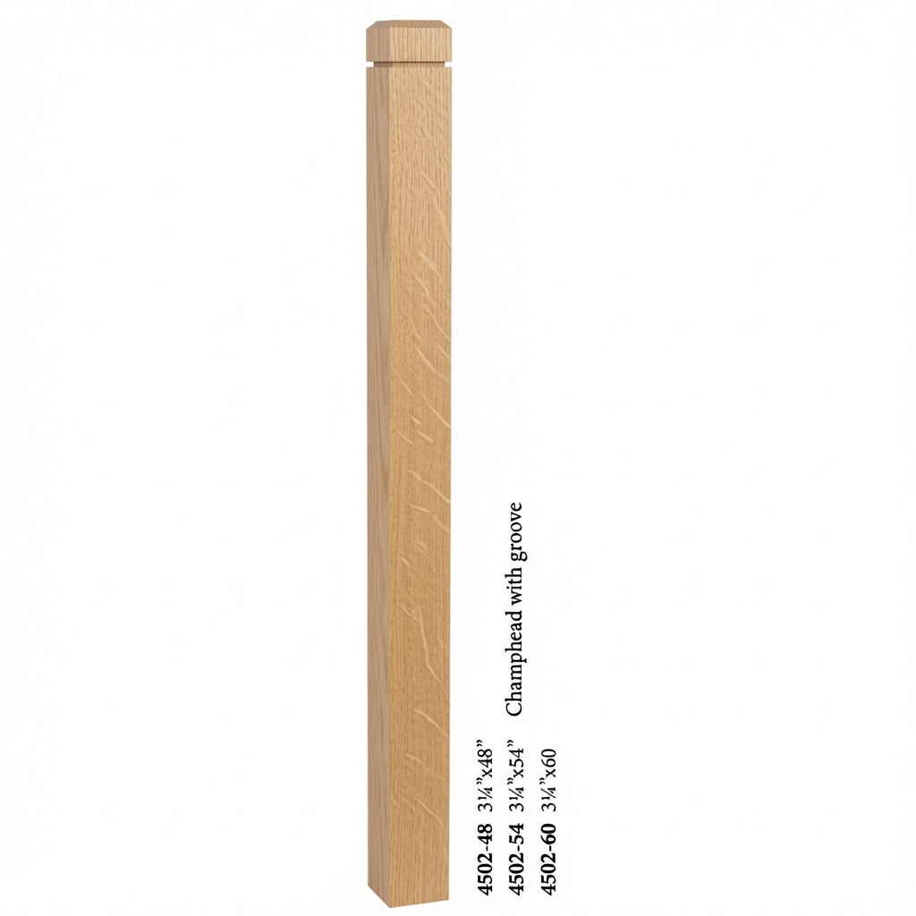 4502 3-1/2" S4S Newel Post with Champhered Top and Grooves, White Oak