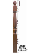 4540 Plain Ball Top Starting Georgia Newel Post Dimensional Information