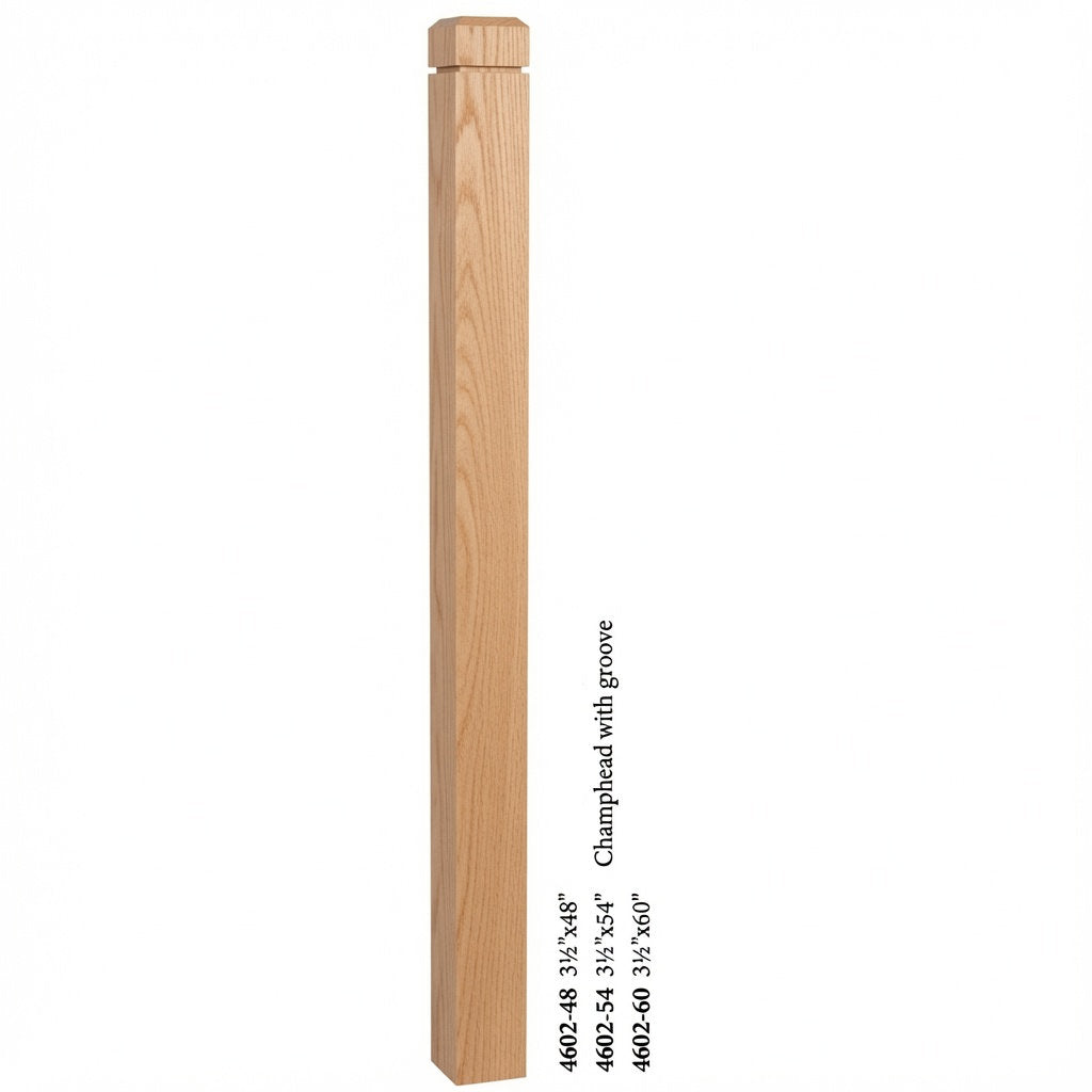 4602 3-1/2" S4S Newel Post with Champhered Top and Groove, Red Oak