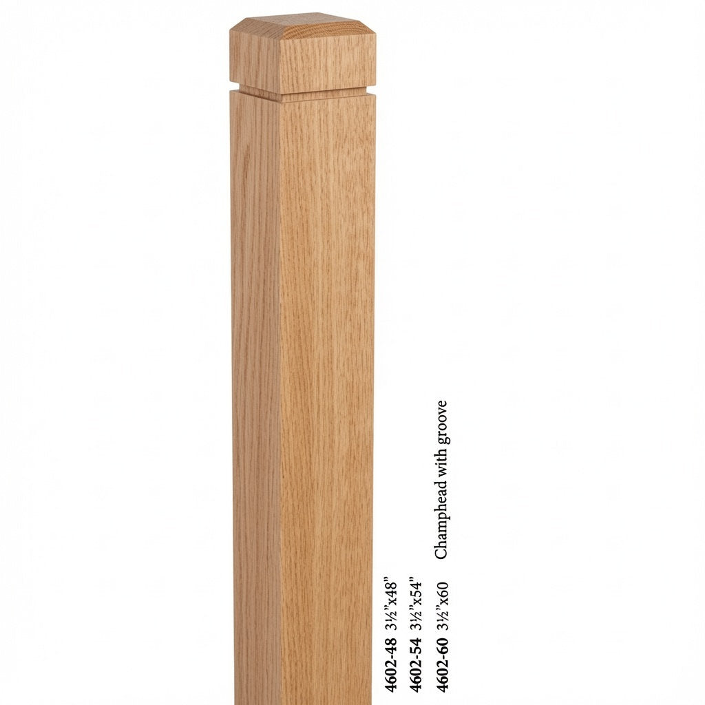 4602 3-1/2" S4S Newel Post with Champhered Top and Groove, Red Oak Closeup