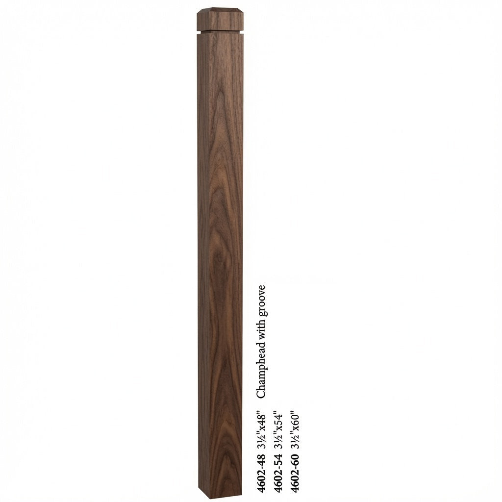 4602 3-1/2" S4S Newel Post with Champhered Top and Groove, Walnut