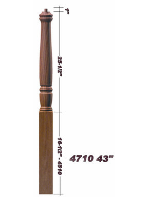 4710 43" Plain Pin Top Starting Georgia Newel Post Dimensional Information