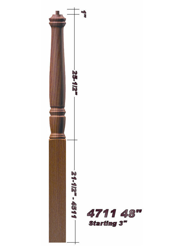 4711 48" Plain Pin Top Starting Georgia Newel Post Dimensional Information