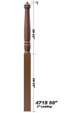 4715 60" Plain Pin Top Landing Georgia Newel Post Dimensional Information