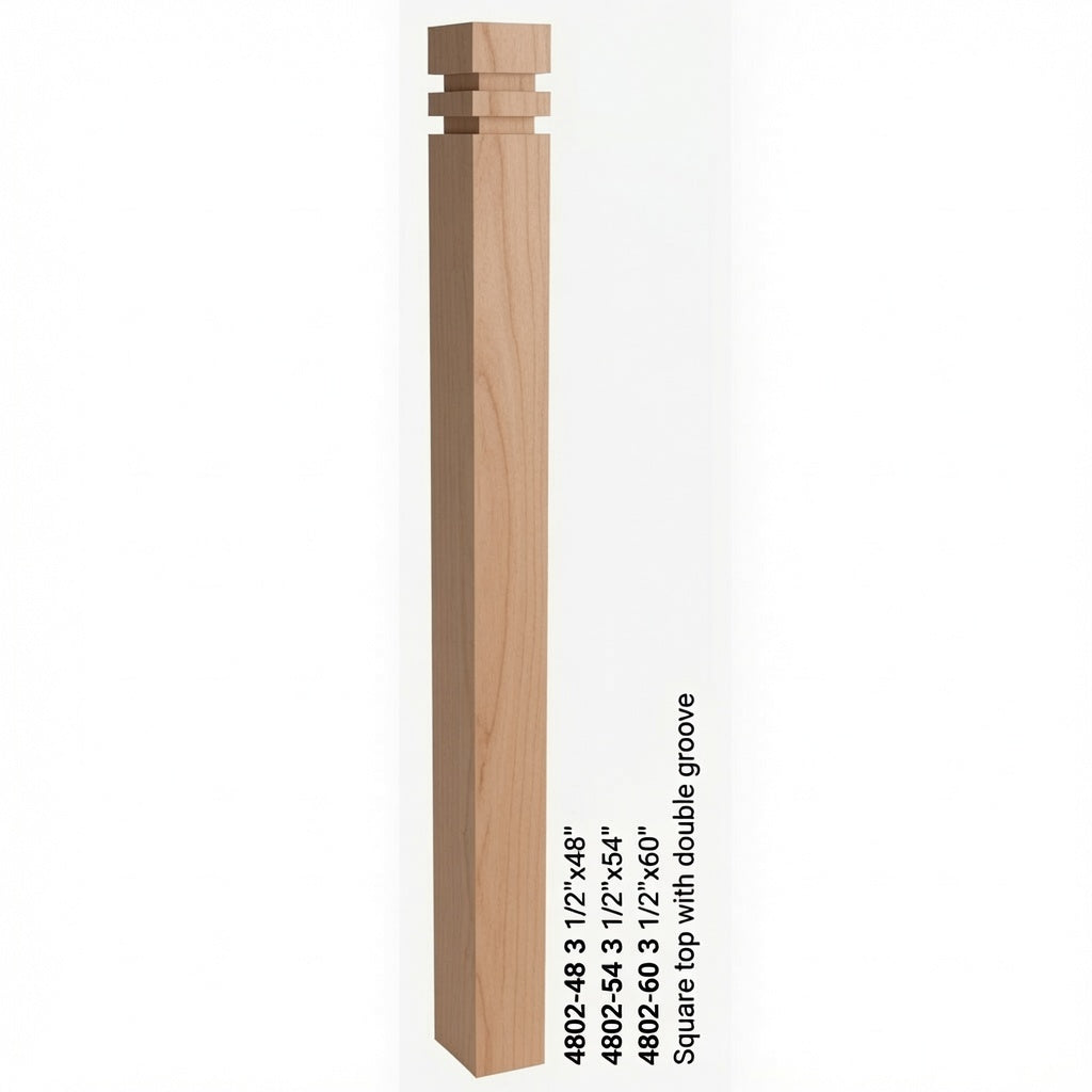 4802 3-1/2" S4S Newel with Squarte Top and Double Grooves, Alder