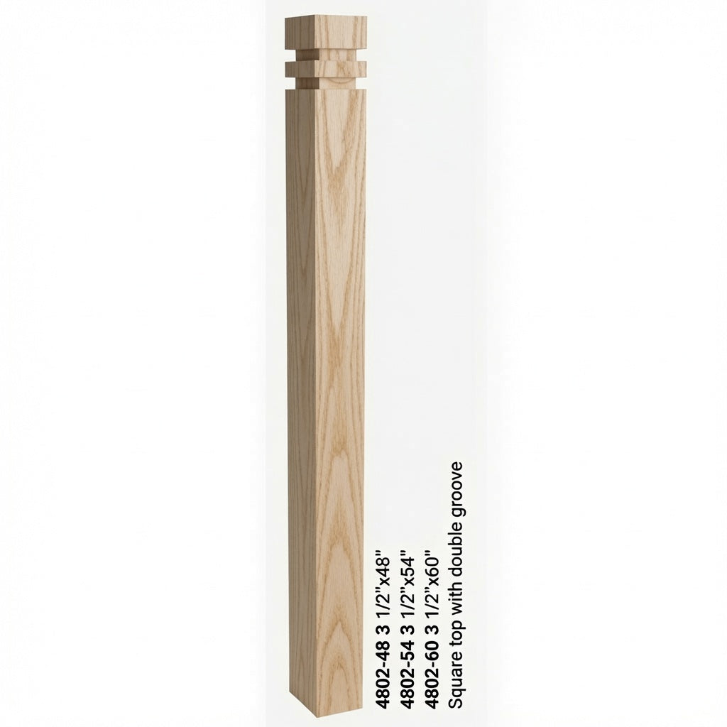 4802 3-1/2" S4S Newel with Squarte Top and Double Grooves, Ash