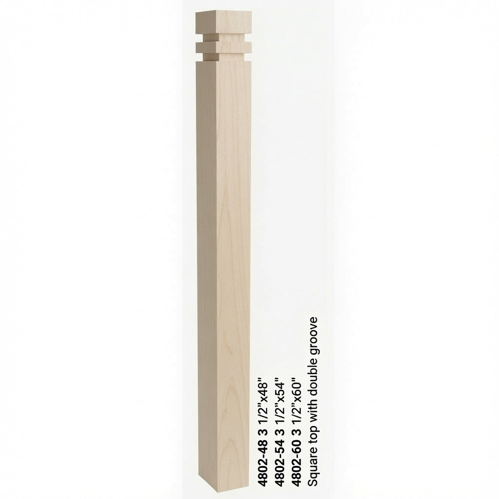 4802 3-1/2" S4S Newel with Squarte Top and Double Grooves, Birch
