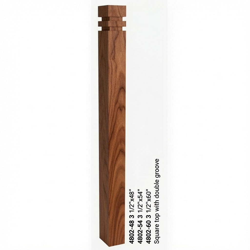 4802 3-1/2" S4S Newel with Squarte Top and Double Grooves, Brazilian Cherry