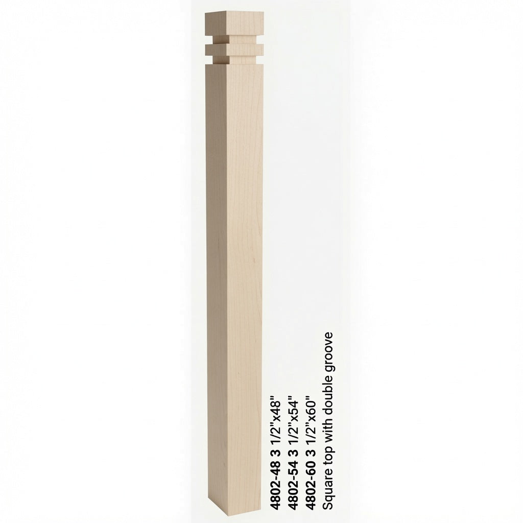 4802 3-1/2" S4S Newel with Squarte Top and Double Grooves, Hard Maple