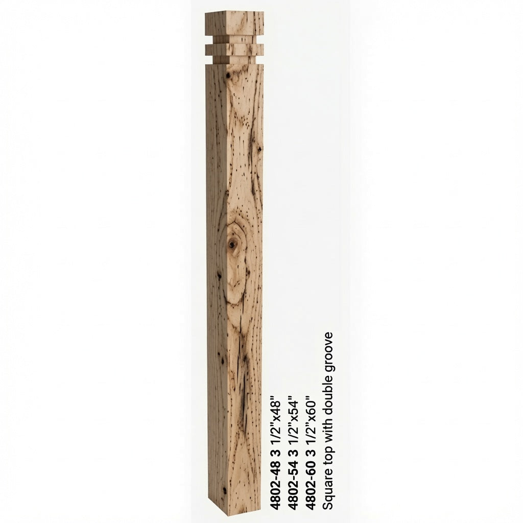 4802 3-1/2" S4S Newel with Squarte Top and Double Grooves, Hickory