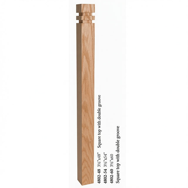 4802 3-1/2" S4S Newel with Squarte Top and Double Grooves, Red Oak