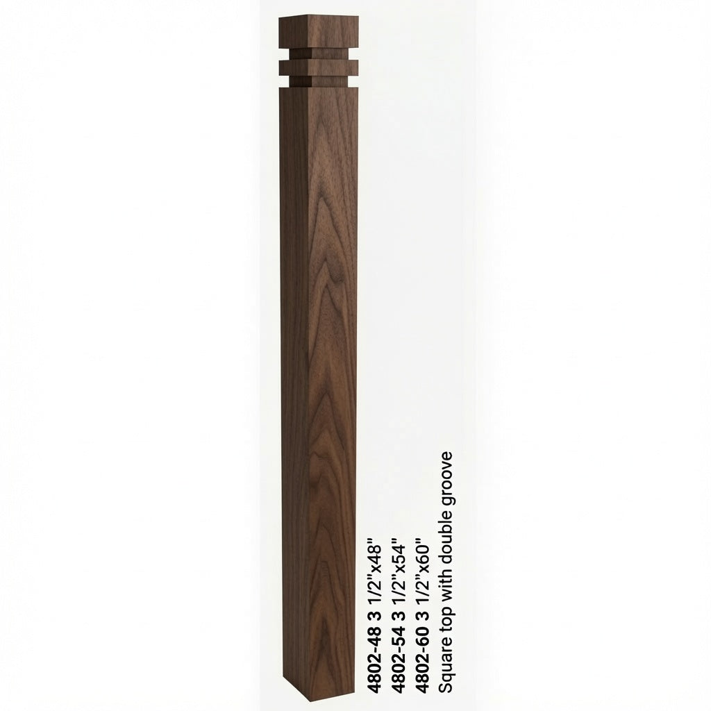 4802 3-1/2" S4S Newel with Squarte Top and Double Grooves, Walnut