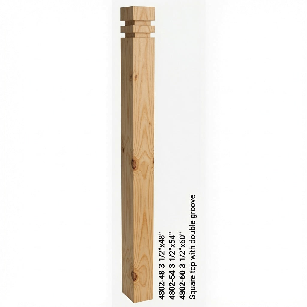 4802 3-1/2" S4S Newel with Squarte Top and Double Grooves, Yellow Pine