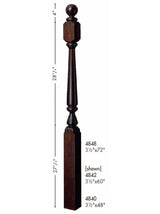 4840 (48"), 4842 (60"), or 4848 (72") Ohio Ball Top Newel Post, Dimensional Information