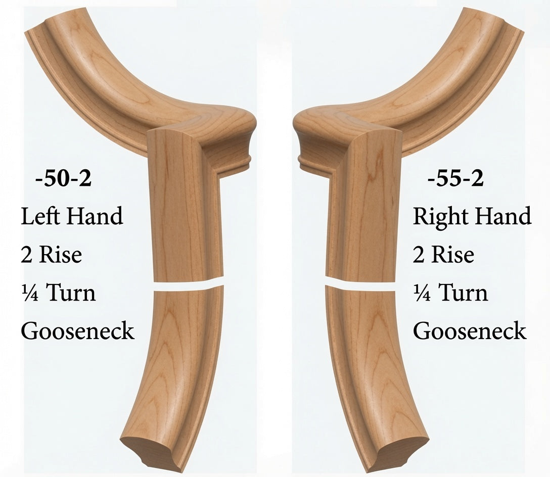 7050 Left and 7055 Right Hand 2 Riser Goosenecks with 1/4-Turn & Up Easing for the 6010 Handrail, Alder