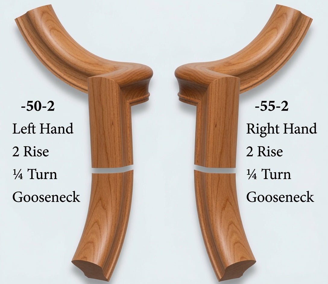 Two American Cherry gooseneck handrails shown side by side on a light gray background, labeled with specifications: '-50-2 Left Hand 2 Rise 1/4 Turn Gooseneck' on the left and '-55-2 Right Hand 2 Rise 1/4 Turn Gooseneck' on the right.