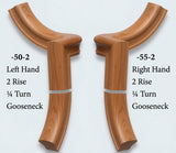 Two American Cherry gooseneck handrails shown side by side on a light gray background, labeled with specifications: '-50-2 Left Hand 2 Rise 1/4 Turn Gooseneck' on the left and '-55-2 Right Hand 2 Rise 1/4 Turn Gooseneck' on the right.