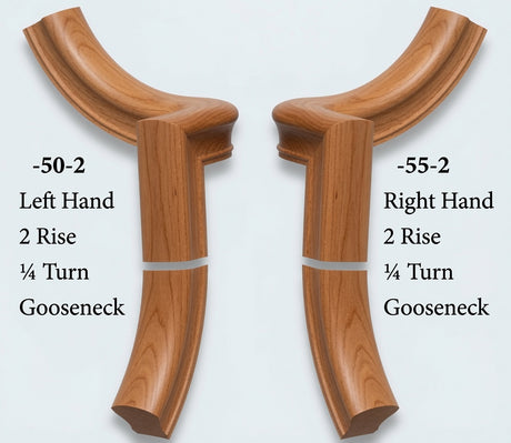 Two American Cherry gooseneck handrails shown side by side on a light gray background, labeled with specifications: '-50-2 Left Hand 2 Rise 1/4 Turn Gooseneck' on the left and '-55-2 Right Hand 2 Rise 1/4 Turn Gooseneck' on the right.