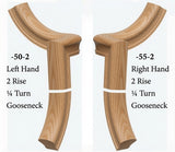 Two Ash gooseneck chair backrest components shown side by side on a white background, labeled with hand and parameters: -50-2 Left Hand, 2 Rise, 1/4 Turn, Gooseneck on the left, and -55-2 Right Hand, 2 Rise, 1/4 Turn, Gooseneck on the right.