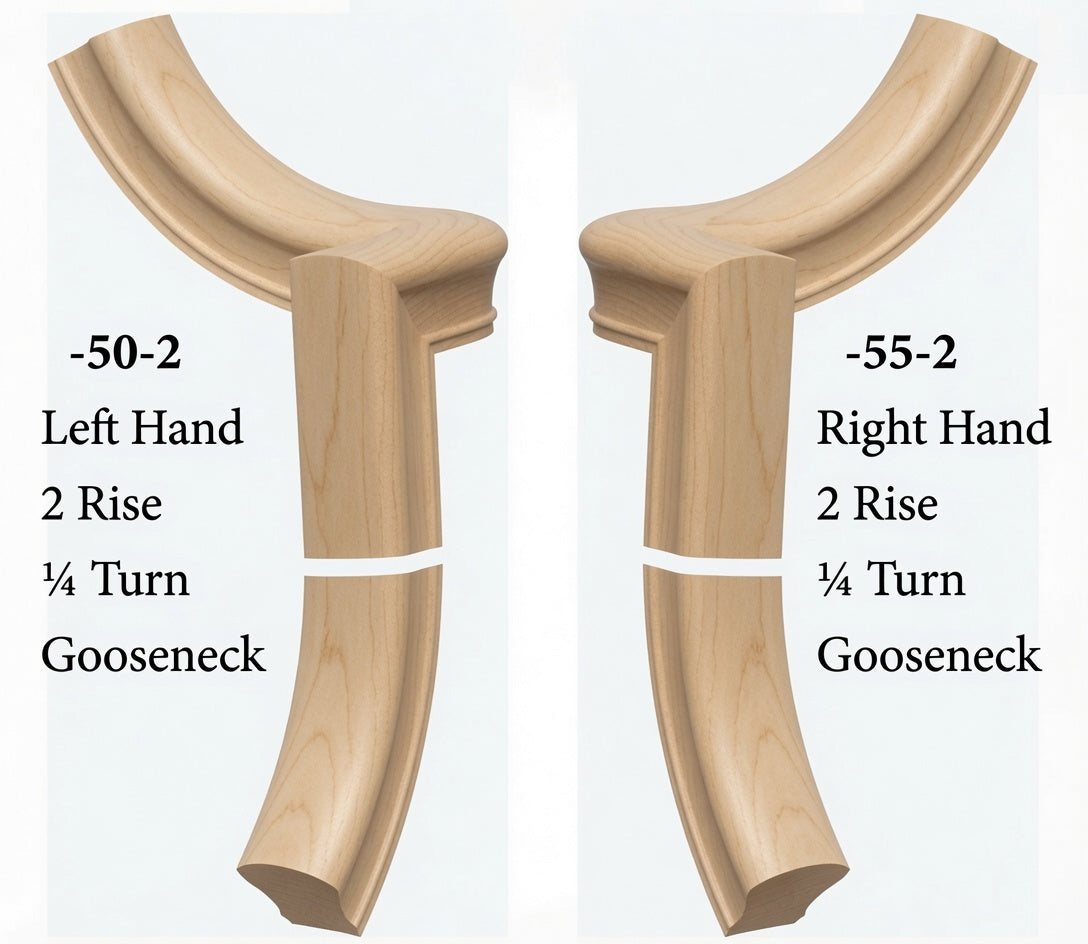 7050 Left and 7055 Right Hand 2 Riser Goosenecks with 1/4-Turn & Up Easing for the 6010 Handrail, Birch