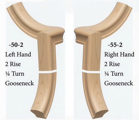 7050 Left and 7055 Right Hand 2 Riser Goosenecks with 1/4-Turn & Up Easing for the 6010 Handrail, Birch