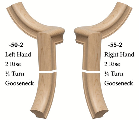 7050 Left and 7055 Right Hand 2 Riser Goosenecks with 1/4-Turn & Up Easing for the 6010 Handrail, Hard Maple