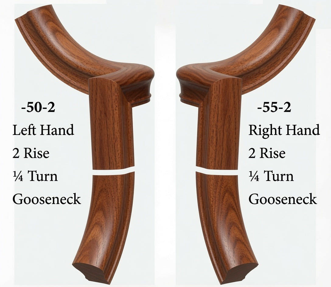 7050 Left and 7055 Right Hand 2 Riser Goosenecks with 1/4-Turn & Up Easing for the 6010 Handrail, Mahogany