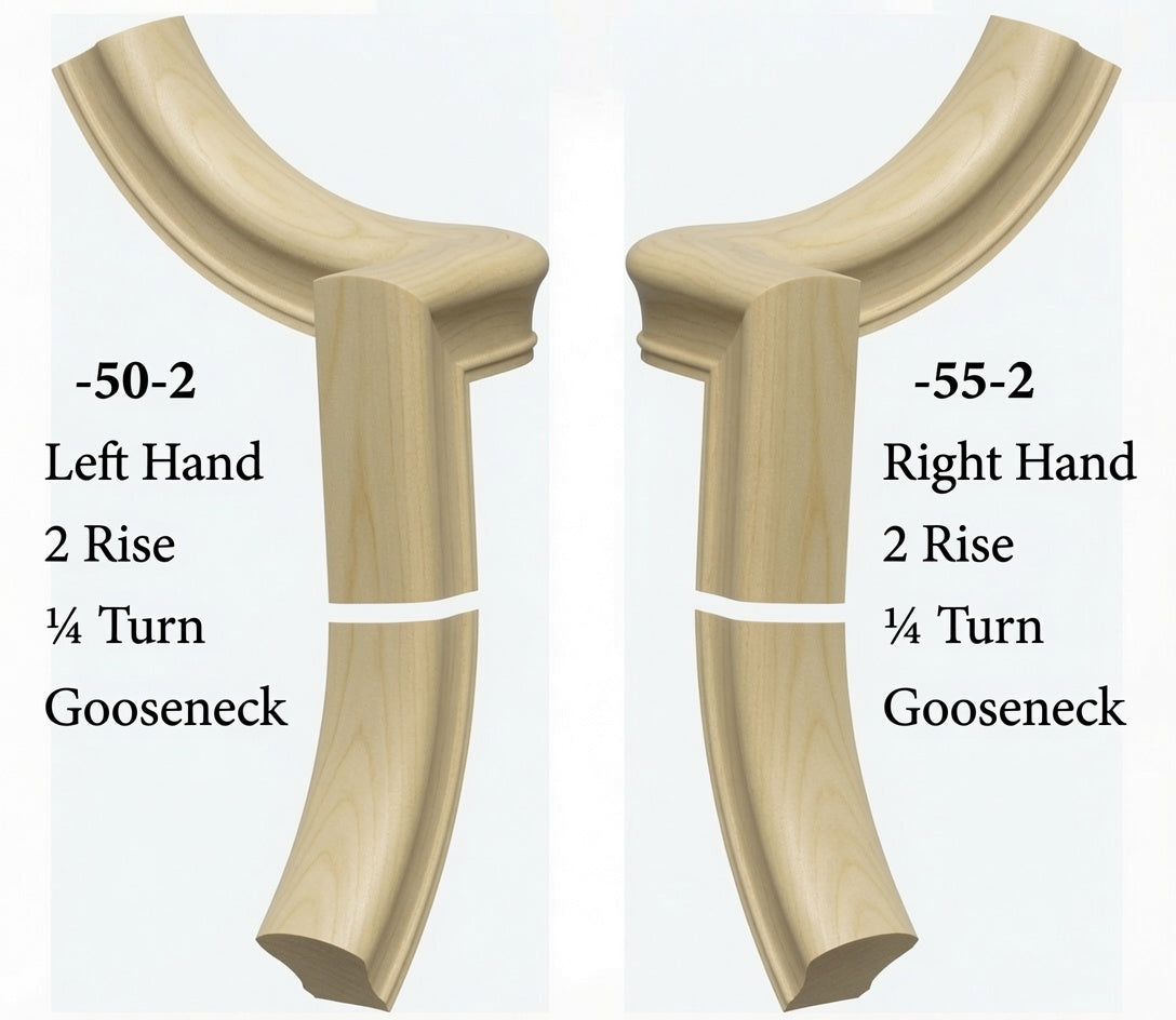 7050 Left and 7055 Right Hand 2 Riser Goosenecks with 1/4-Turn & Up Easing for the 6010 Handrail, Poplar