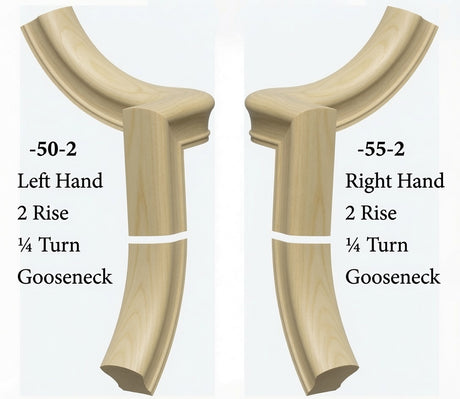 7050 Left and 7055 Right Hand 2 Riser Goosenecks with 1/4-Turn & Up Easing for the 6010 Handrail, Poplar