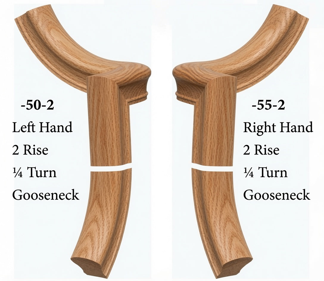 7050 Left and 7055 Right Hand 2 Riser Goosenecks with 1/4-Turn & Up Easing for the 6010 Handrail, Red Oak