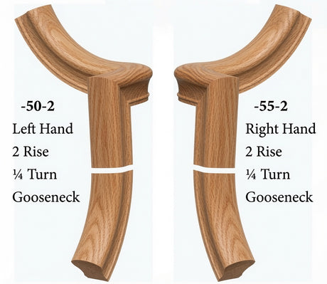 7050 Left and 7055 Right Hand 2 Riser Goosenecks with 1/4-Turn & Up Easing for the 6010 Handrail, Red Oak
