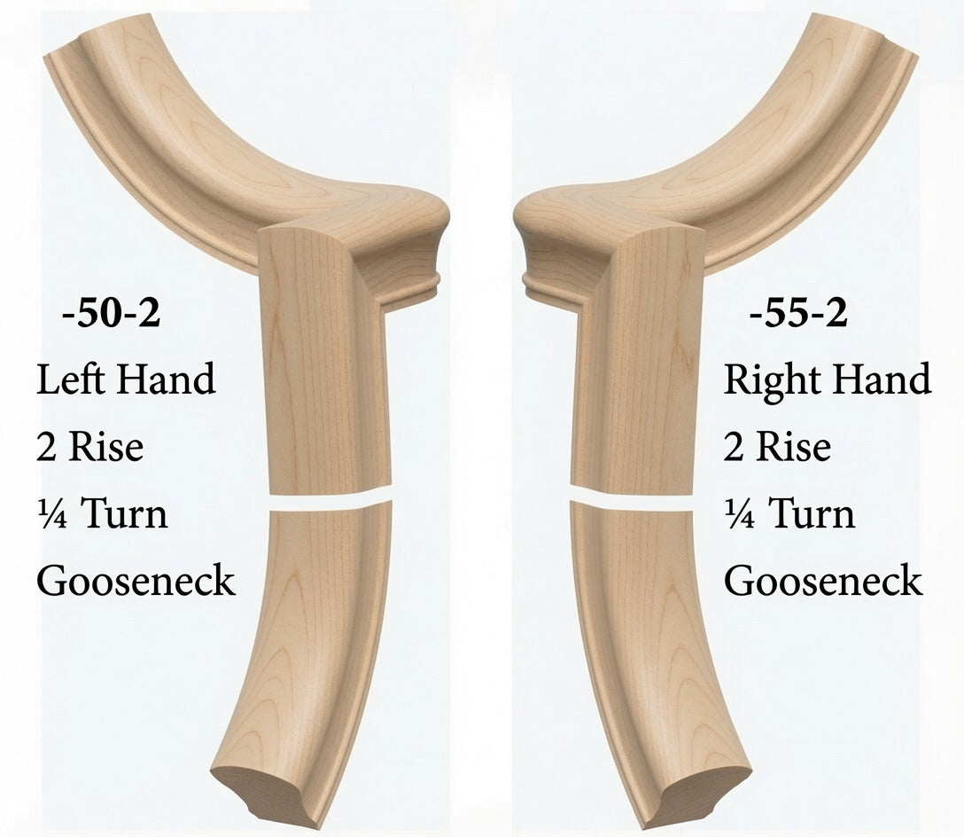 7050 Left and 7055 Right Hand 2 Riser Goosenecks with 1/4-Turn & Up Easing for the 6010 Handrail, Soft Maple