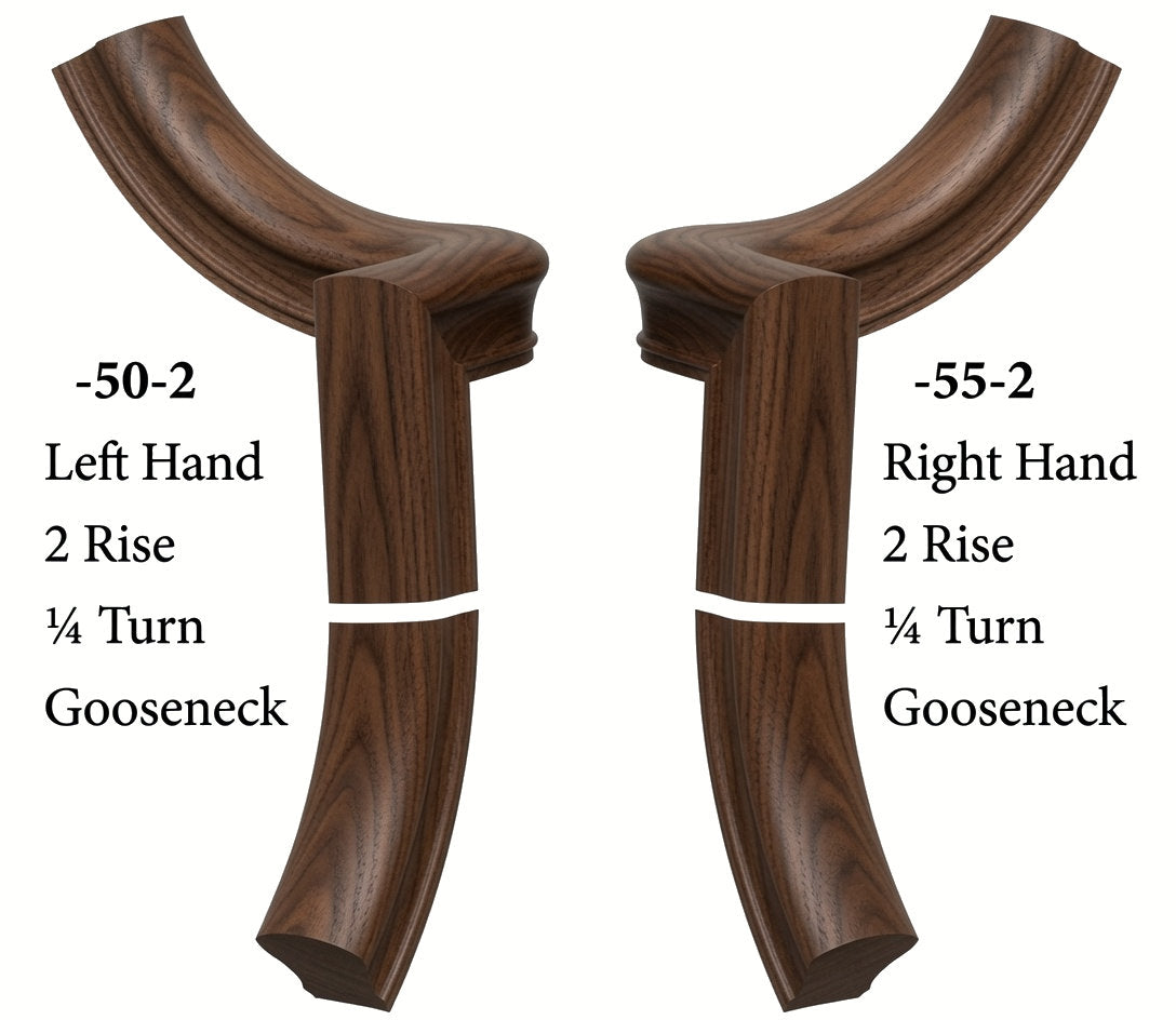 7050 Left and 7055 Right Hand 2 Riser Goosenecks with 1/4-Turn & Up Easing for the 6010 Handrail, Walnut