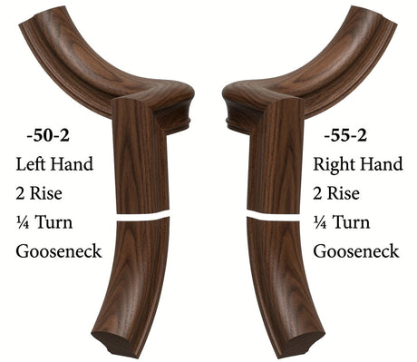 7050 Left and 7055 Right Hand 2 Riser Goosenecks with 1/4-Turn & Up Easing for the 6010 Handrail, Walnut