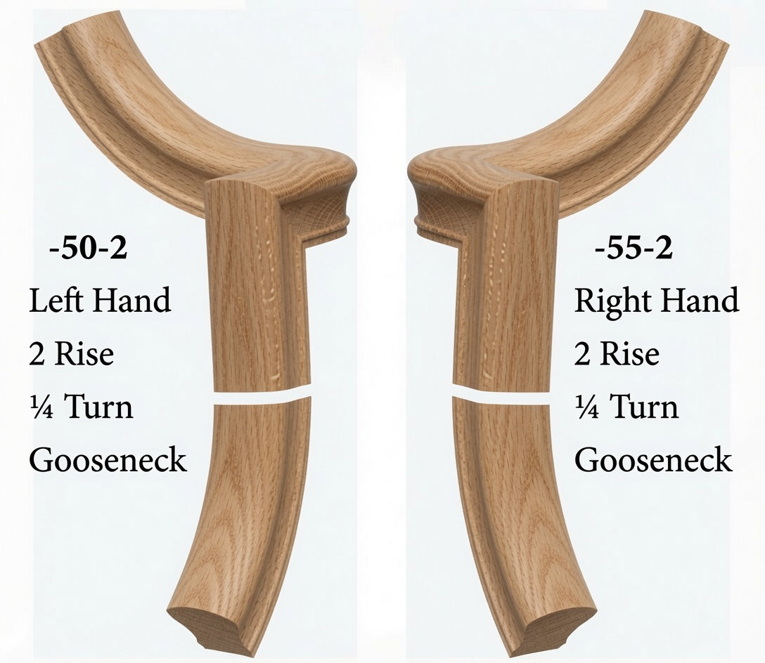 7050 Left and 7055 Right Hand 2 Riser Goosenecks with 1/4-Turn & Up Easing for the 6010 Handrail, White Oak