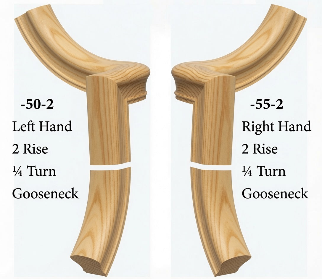 7050 Left and 7055 Right Hand 2 Riser Goosenecks with 1/4-Turn & Up Easing for the 6010 Handrail, Yellow Pine